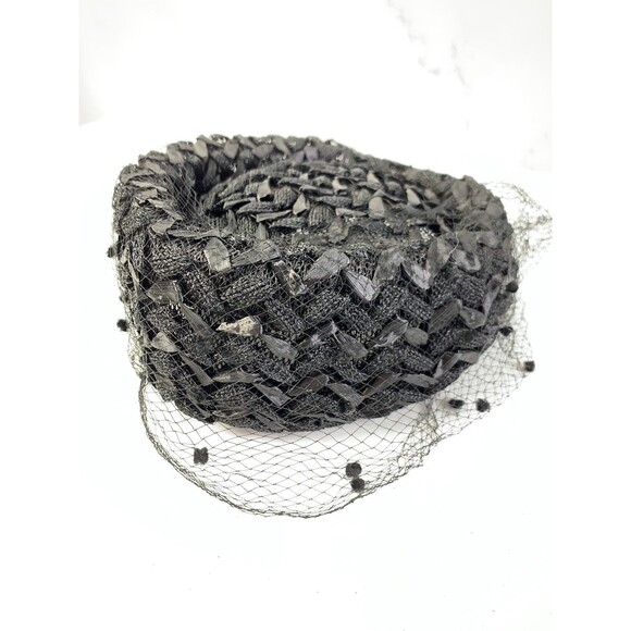 Vintage 60s 50s Dayne Fascinator Hat Union USA Black Straw Classy Jackie Kennedy - Picture 3 of 13